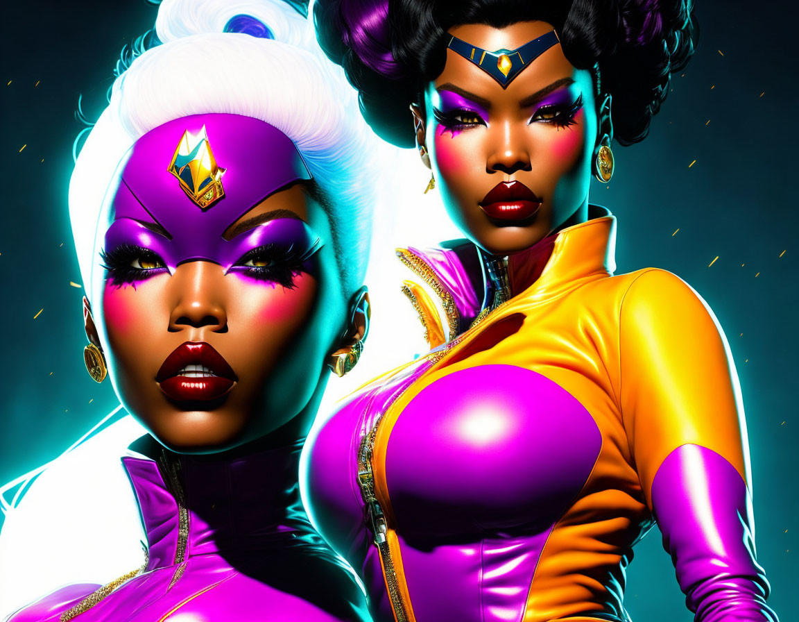 Stylized female superheroes in vibrant makeup and colorful costumes