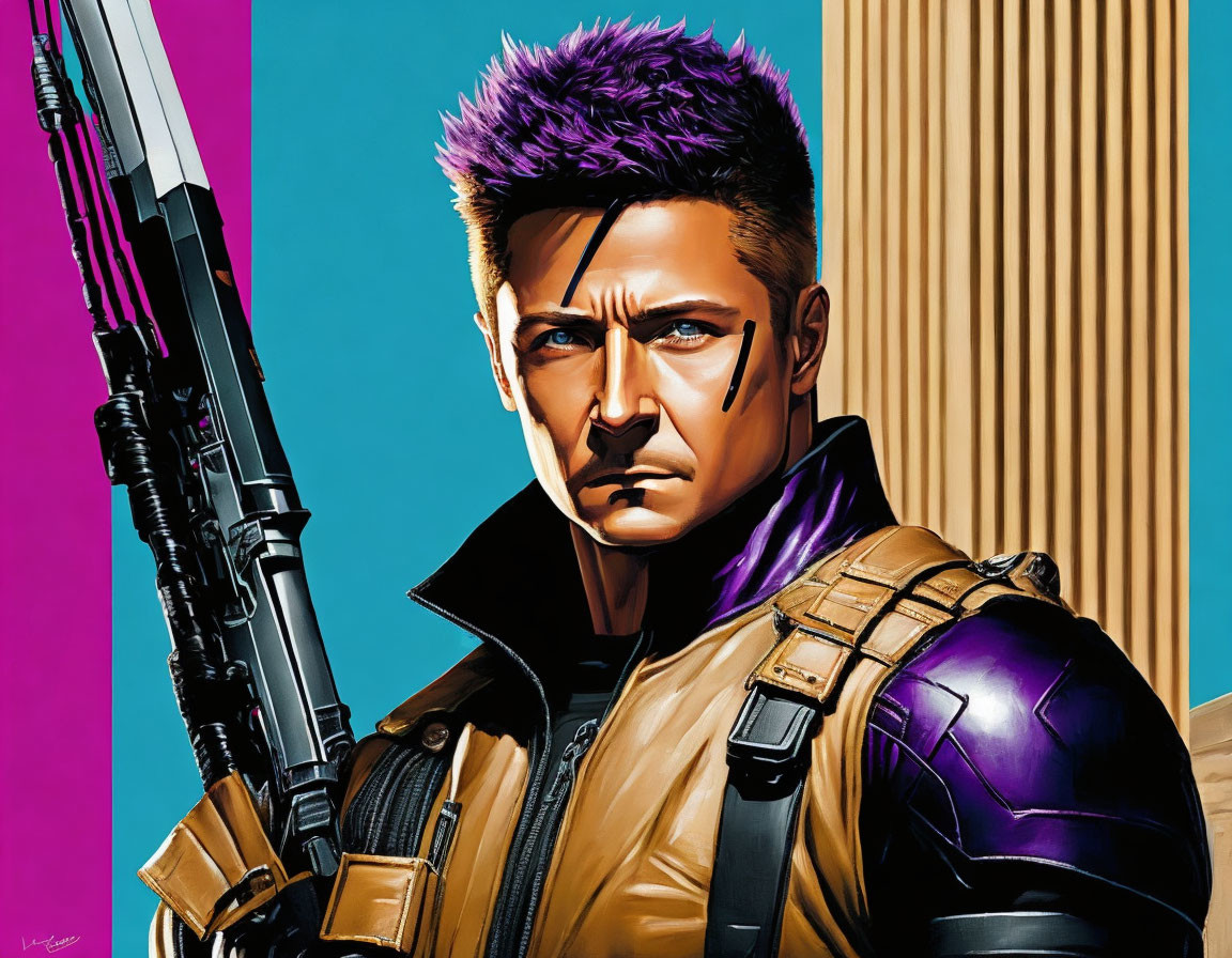 Male character with purple spiked hair, futuristic gun, black jacket, and purple shoulder armor on striped background