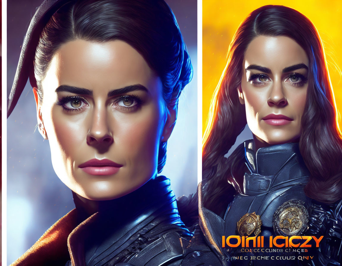 Digital artwork: Woman with bold eyebrows in futuristic military uniform under orange glow