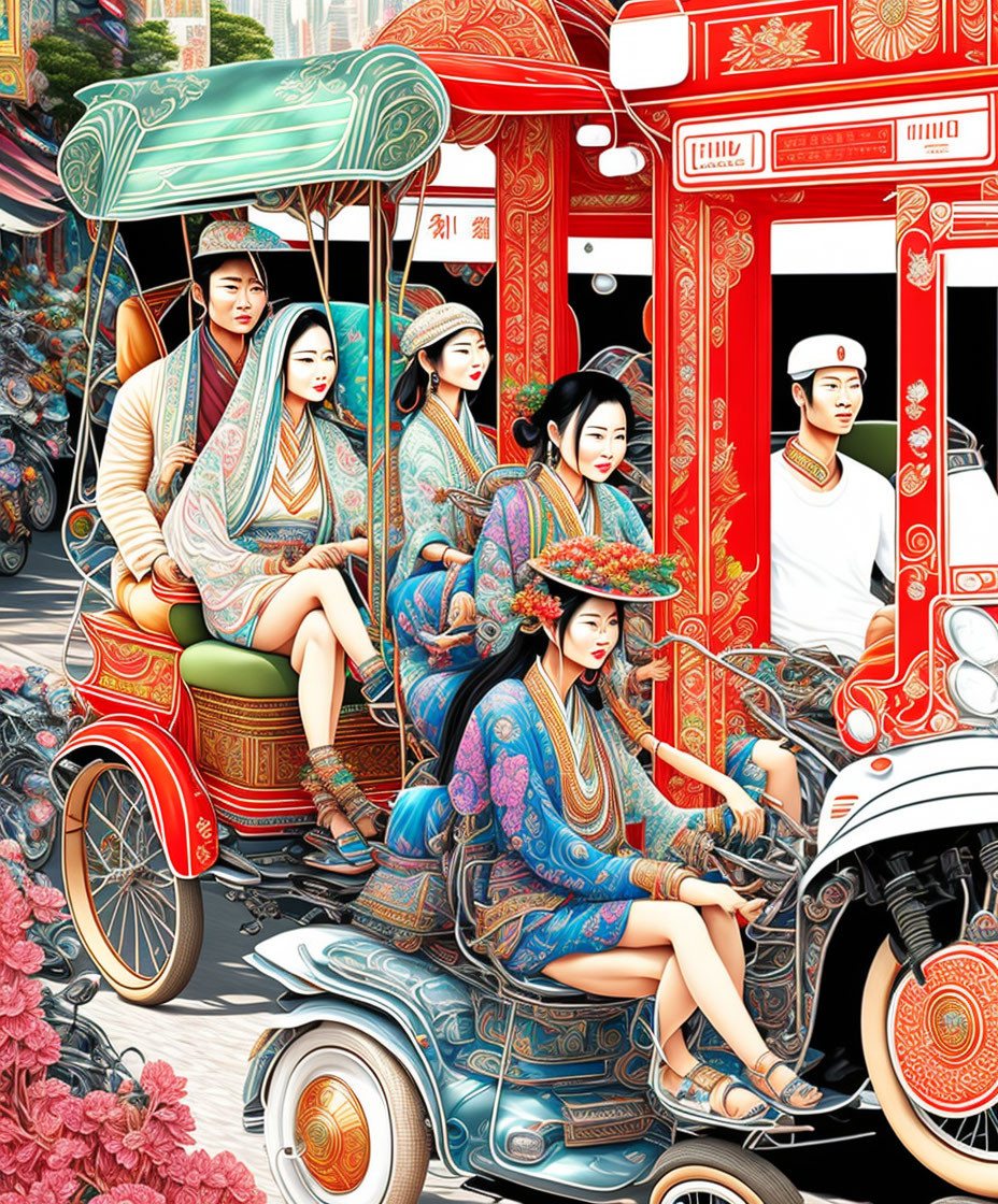 Colorful Asian attire on motorized rickshaws with floral and architectural details.