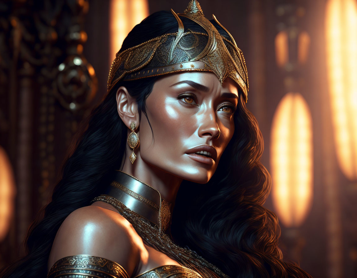 Regal woman in golden crown and armor against warm glowing lights