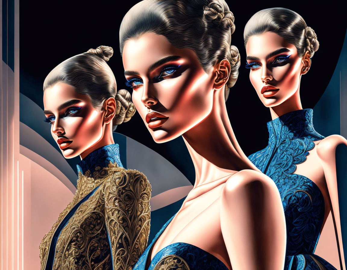 Stylized women in bold makeup and elaborate hairstyles in blue and gold dresses on futuristic backdrop