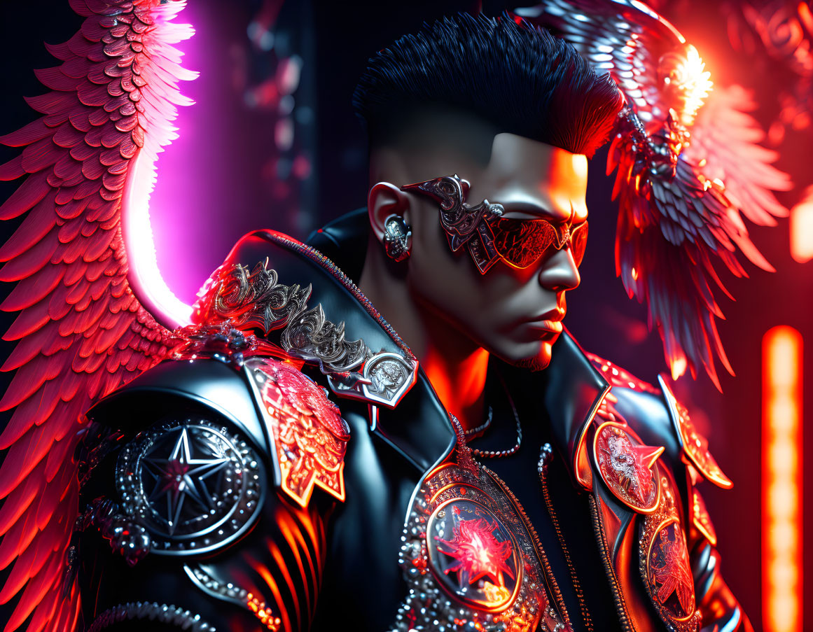 Futuristic individual with red-tinted glasses and illuminated wings in neon-lit scene