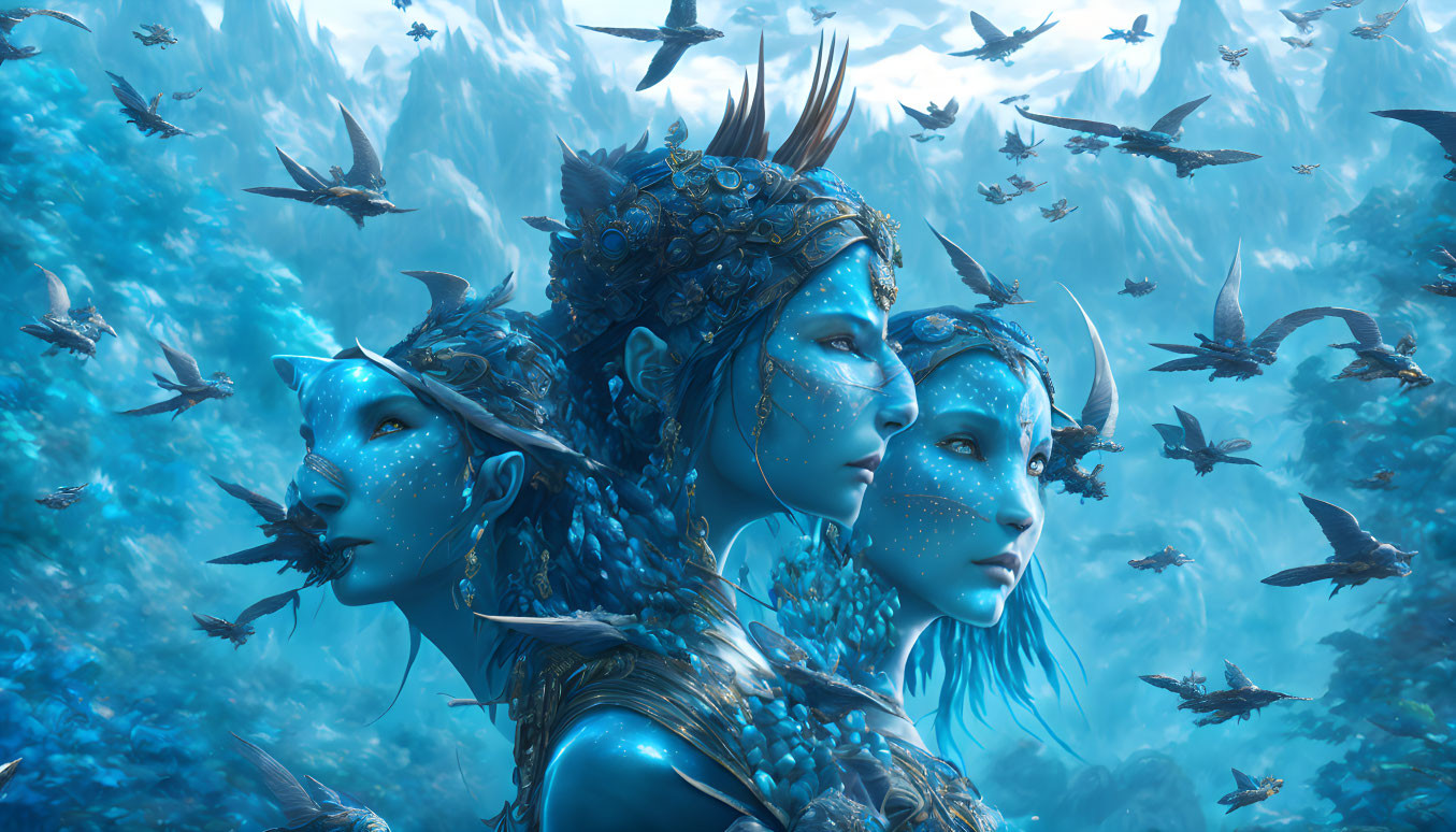 Blue-skinned elf-like creatures with fin-like ears in underwater scene.