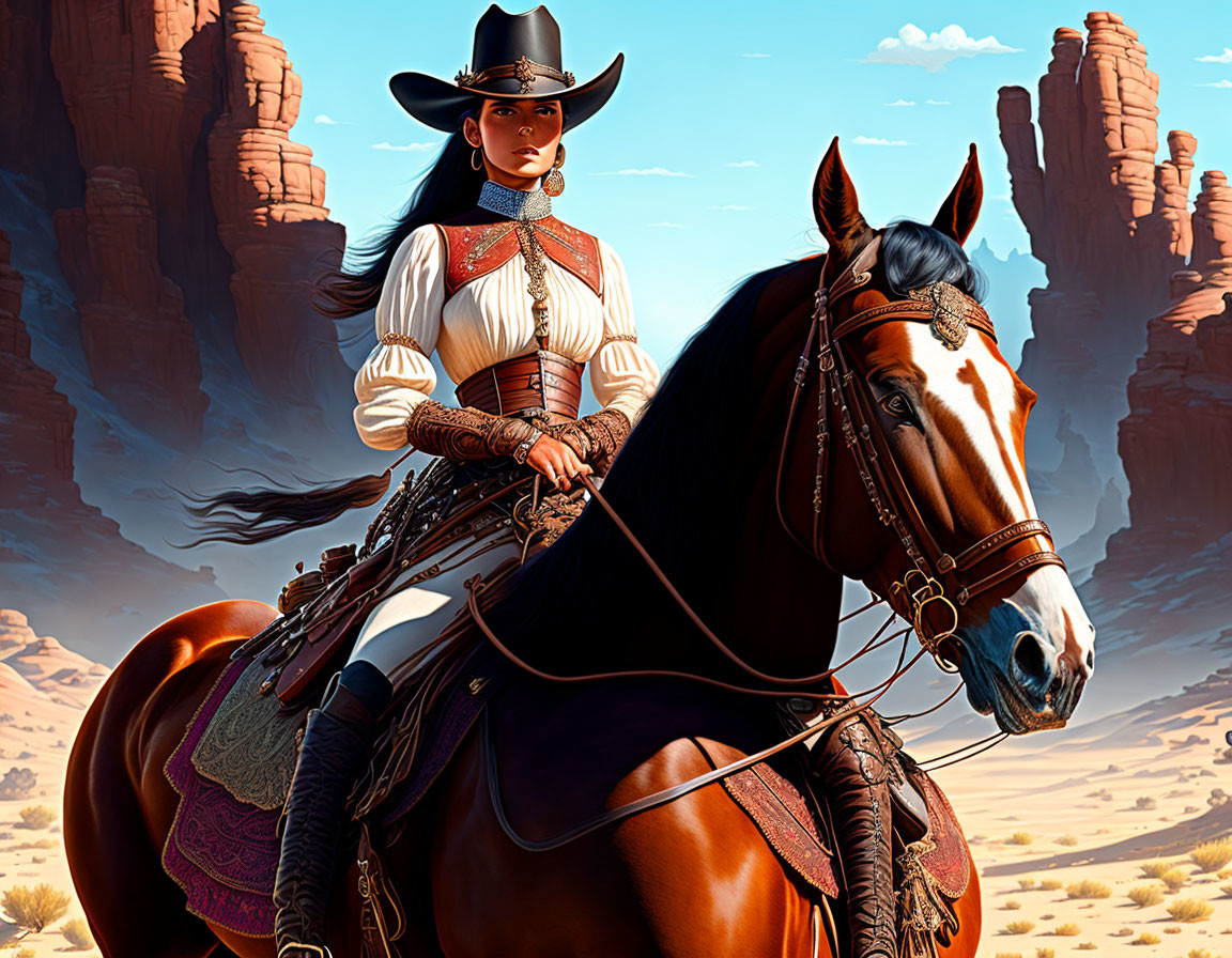 Cowboy hat woman on horse in desert landscape