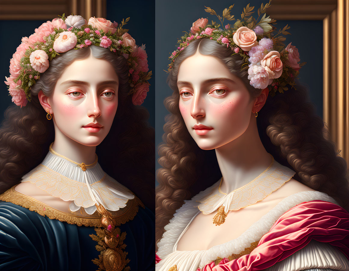 Digital Artwork: Two Women in Historical Dresses with Floral Crowns