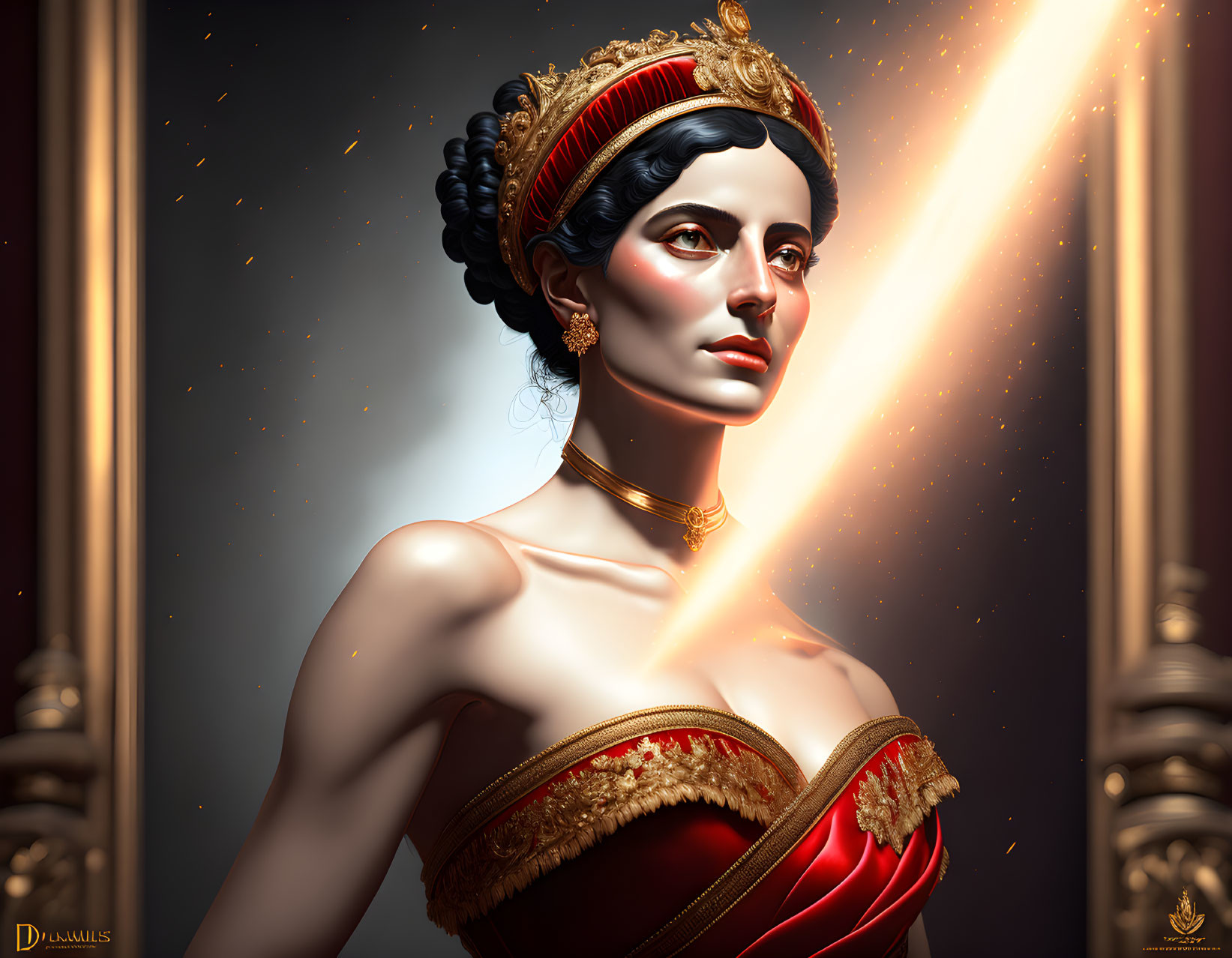 Classical-style portrait of elegant woman in red and gold dress on dark background