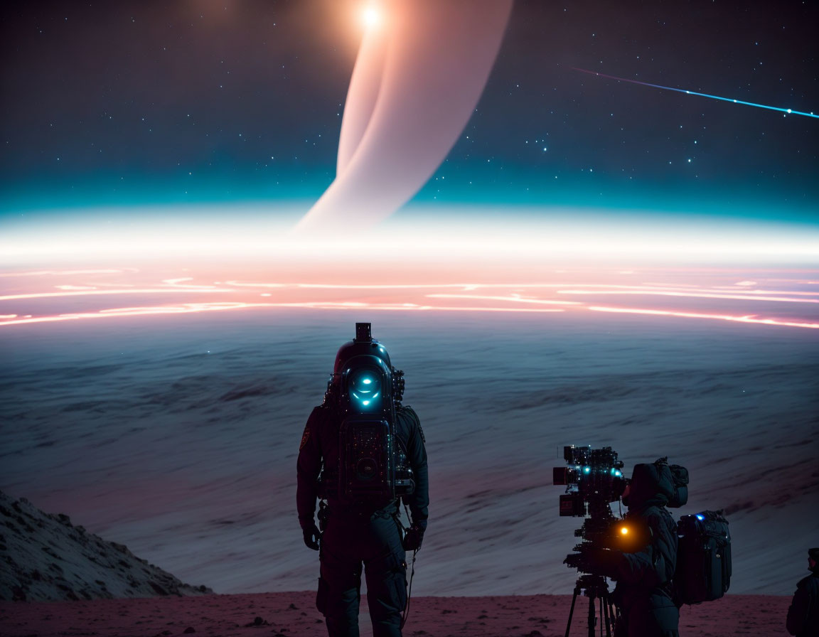 Astronaut on alien planet with ringed celestial body and camera crew filming