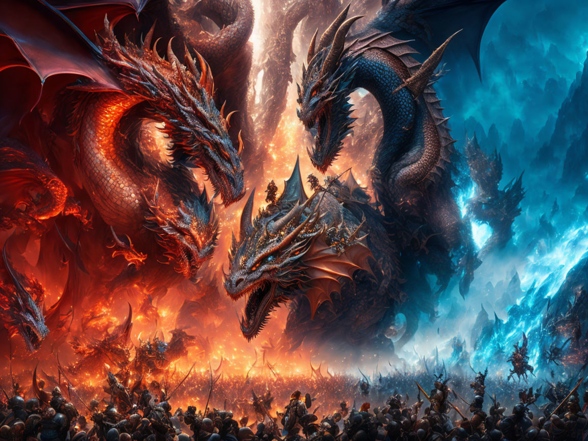 Large dragons battle army in fiery and icy landscape