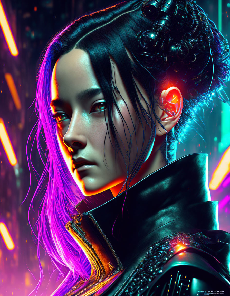 Cyberpunk digital art: Woman with purple hair, glowing earpiece, black jacket, neon lights