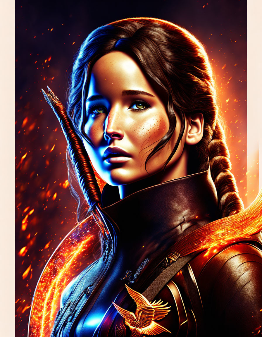 Woman with braid holding bow and arrow in fiery digital illustration