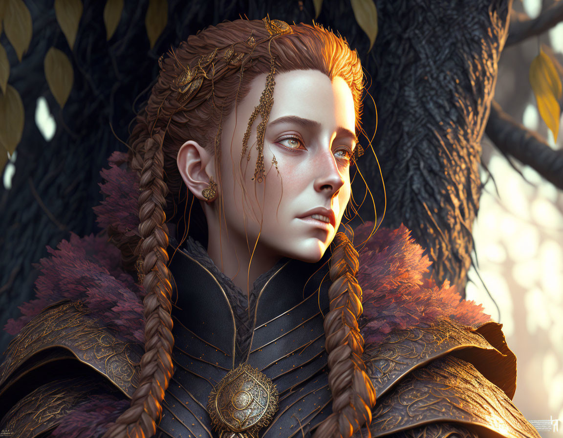 Fantasy digital portrait of a woman in regal armor with intricate braided hair