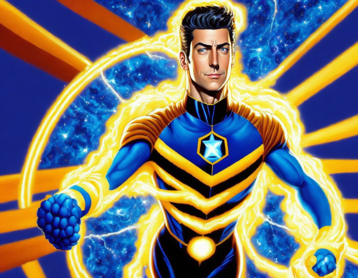 Superhero illustration with star emblem, blue and yellow costume, exuding confidence.