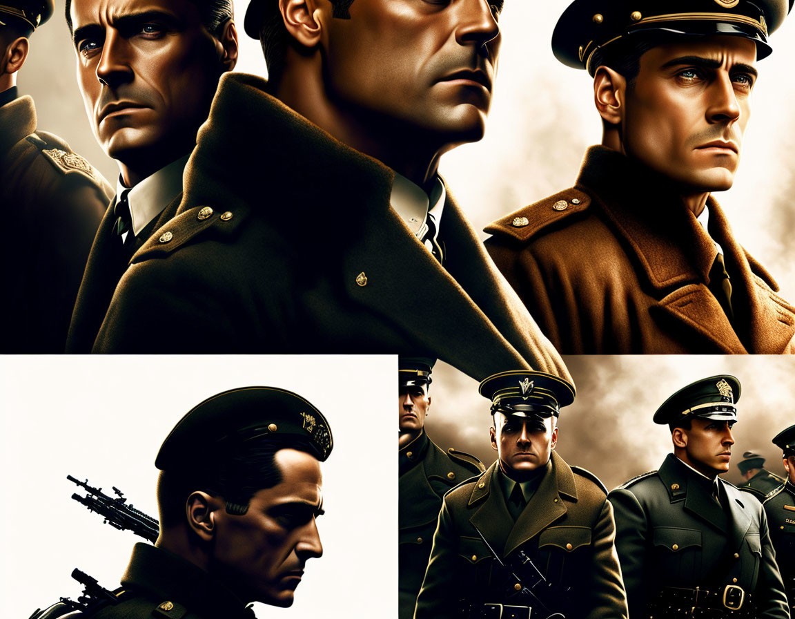 Illustrated military officers in uniform with stern expressions and focus on one individual.