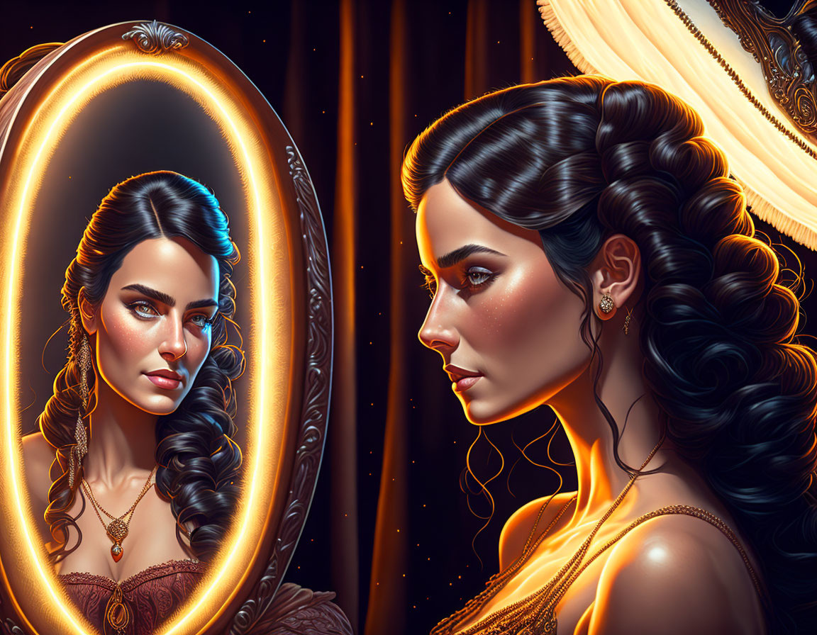 Dark-haired woman admires reflection in ornate oval mirror