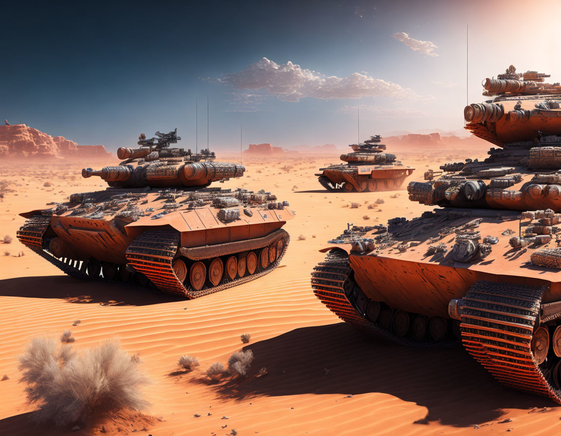 Futuristic tanks in desert landscape with clear sky