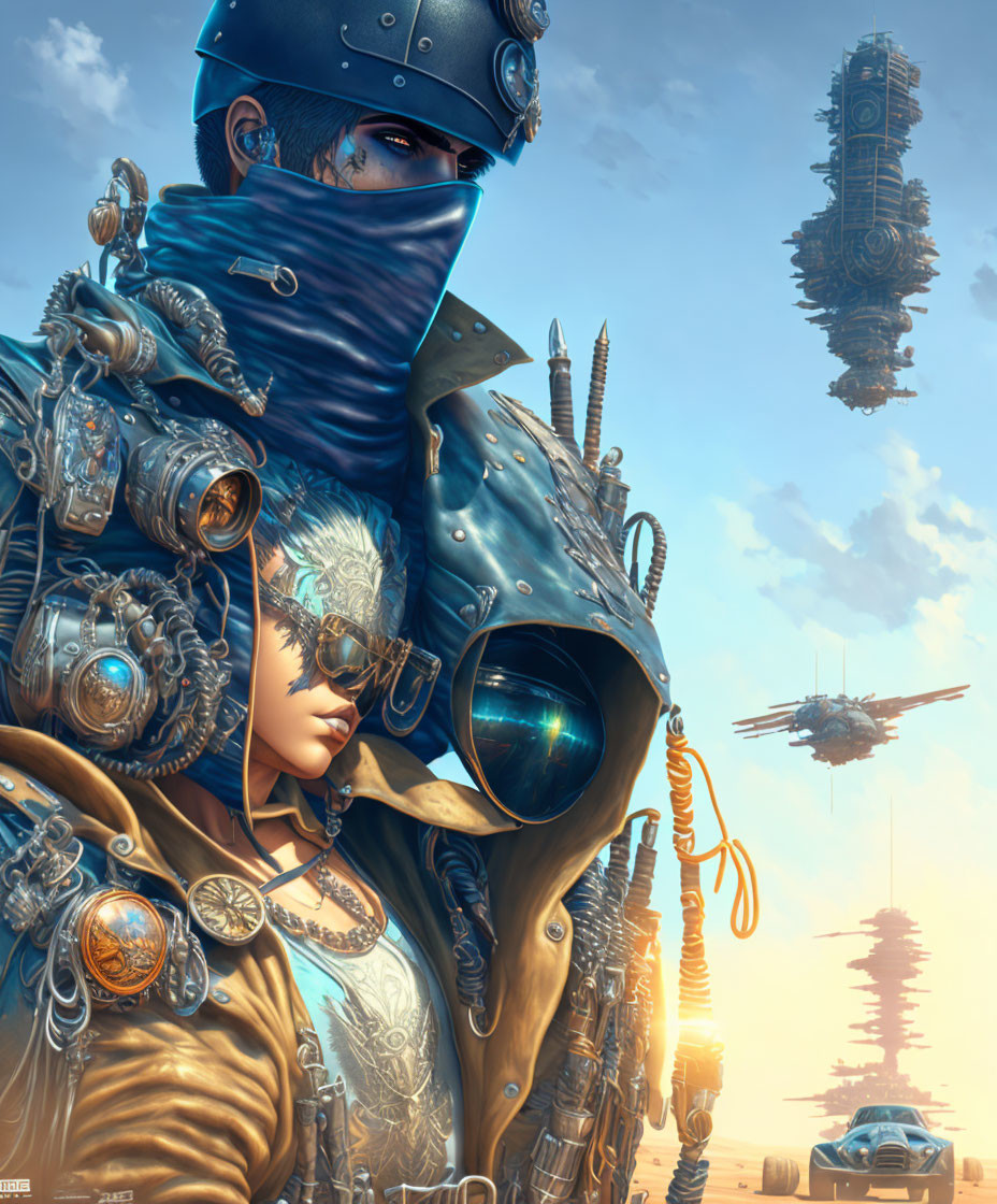 Steampunk characters in desert with futuristic vehicles & structures