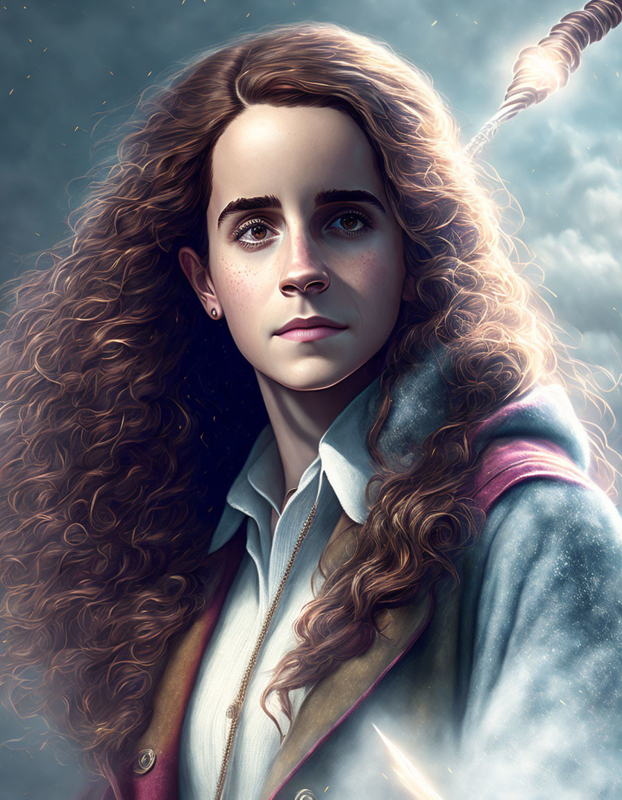 Young woman with curly hair in jacket and shirt, gazing with celestial glow