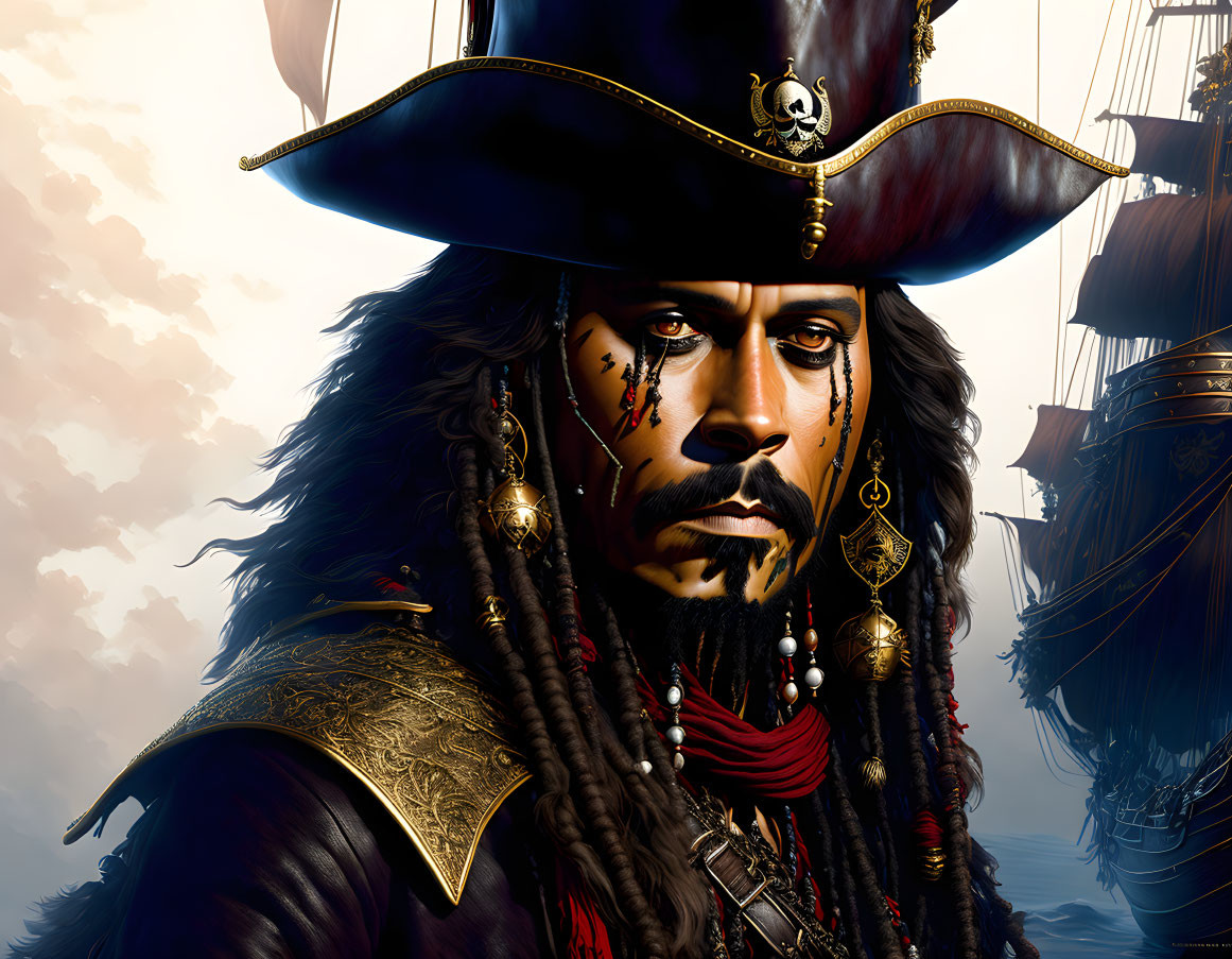 Detailed illustration of pirate with tricorn hat and ship, evoking adventure