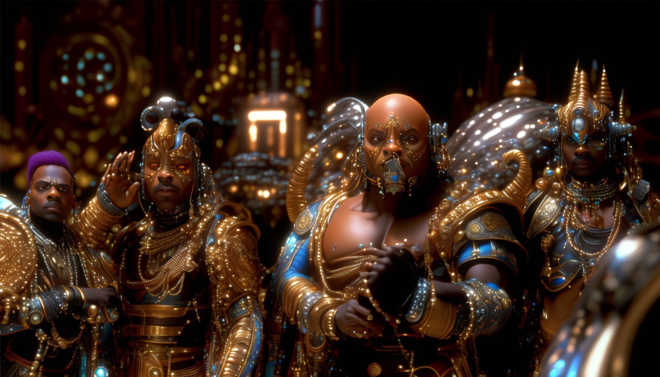 Futuristic African warriors in ornate golden armor with glowing blue accents