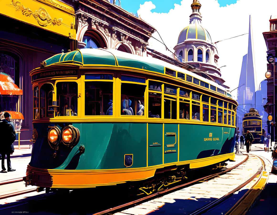 Digital art: Classic yellow and green tram in a bustling city scene