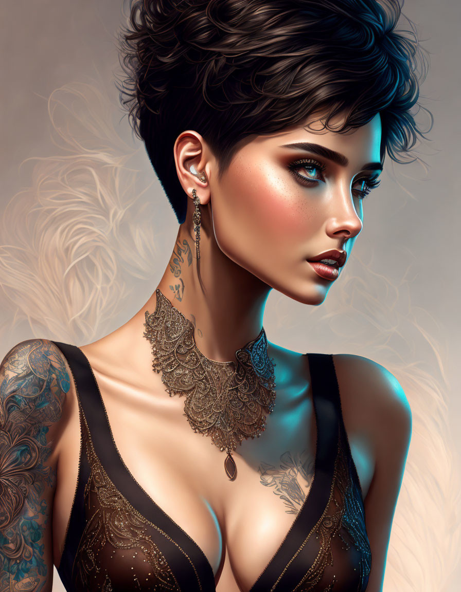 Woman with Short Hair, Tattoos, and Ornate Necklace Illustration