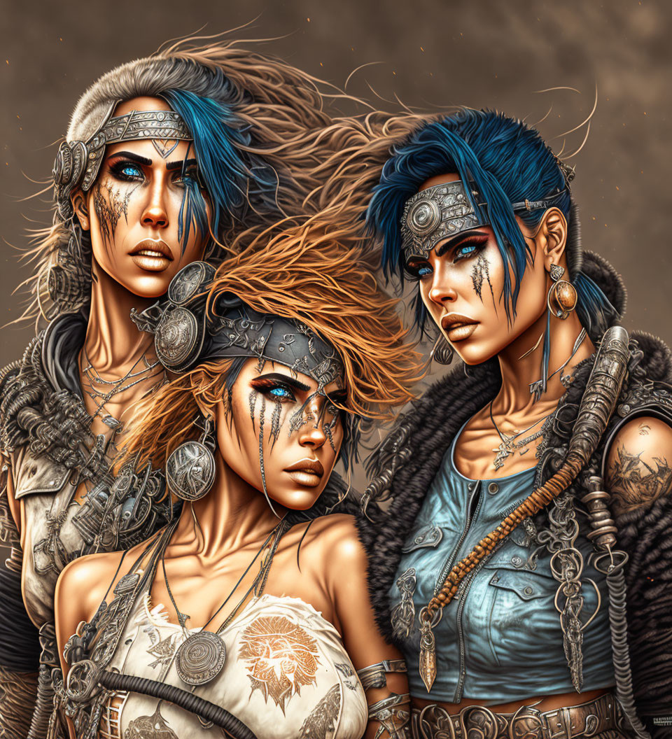 Three women in blue hair and tribal warrior attire with metal accessories on sepia background