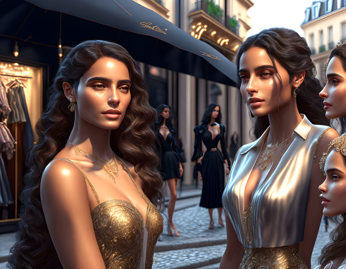 Three elegant women in golden evening wear on luxurious shopping street