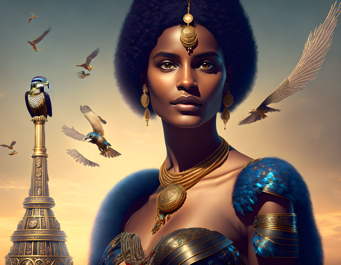 Regal woman with golden jewelry at Eiffel Tower-inspired structure