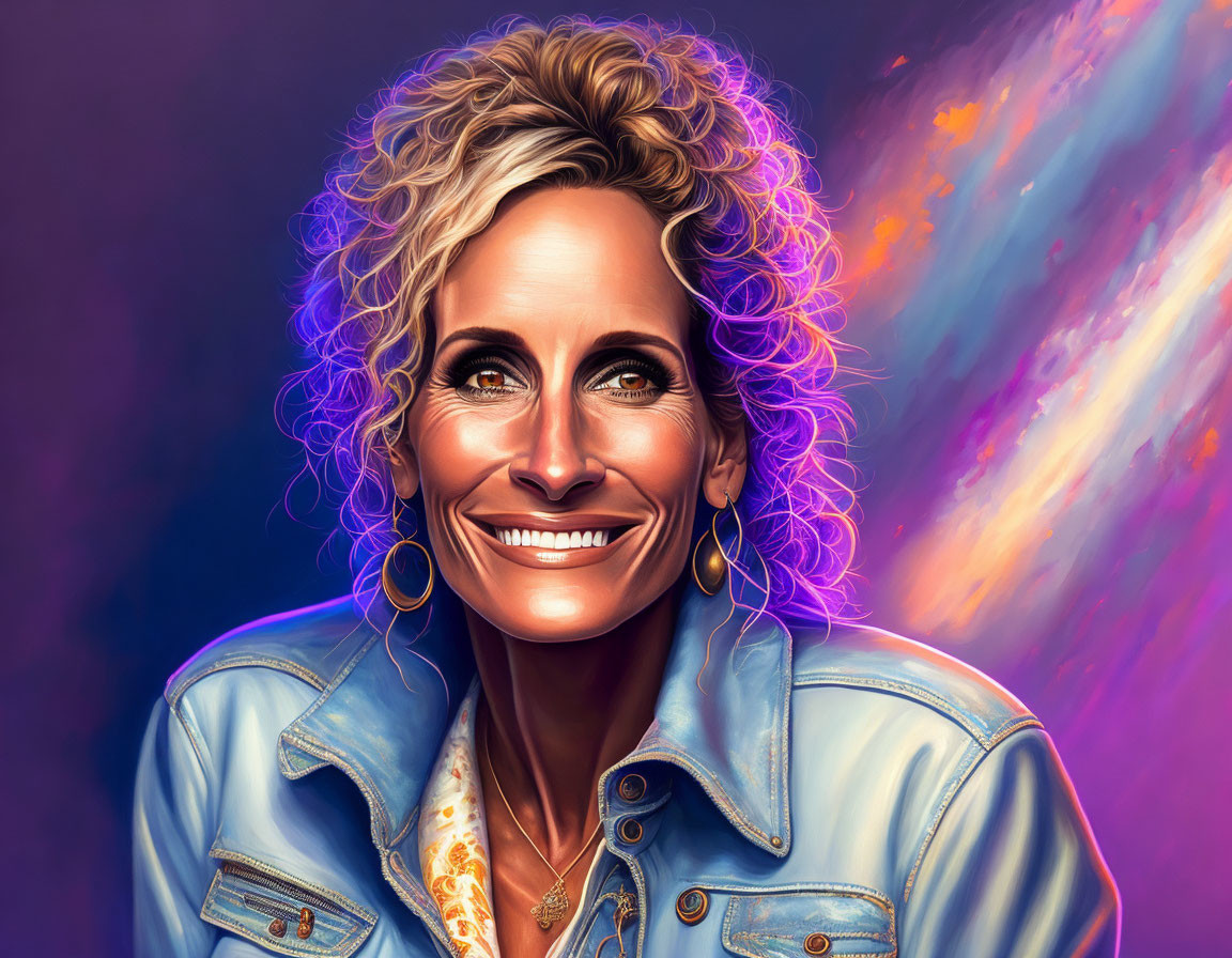 Curly Haired Woman in Denim Jacket on Abstract Purple and Orange Background