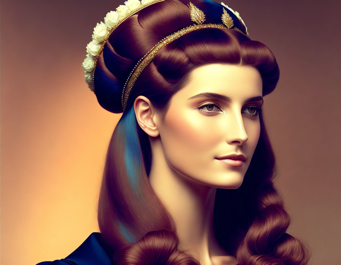 Digital illustration: Woman in Renaissance attire with golden headpiece & white flowers