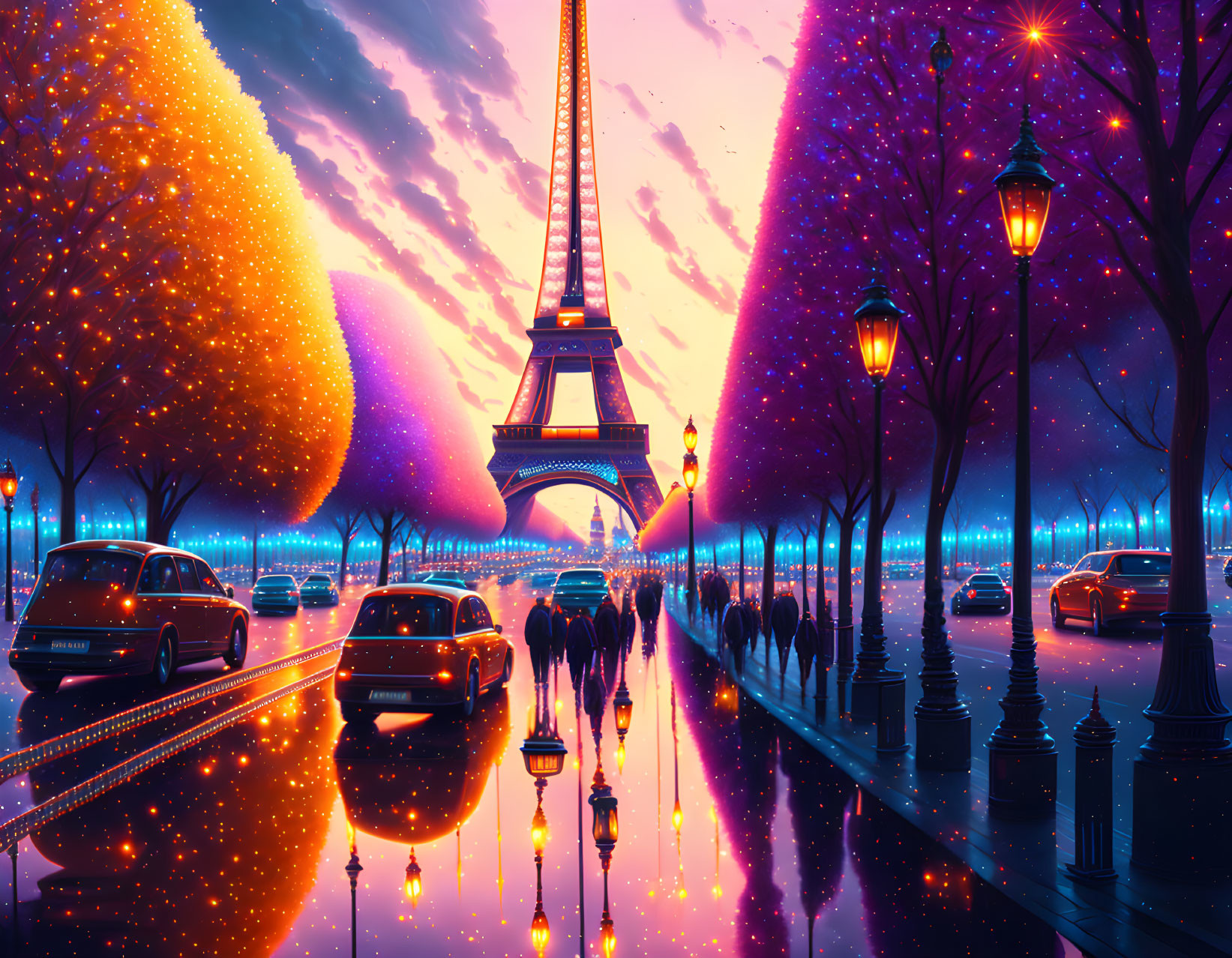 Paris illustration: Eiffel Tower, street lights, wet pavement, colorful trees, pedestrians