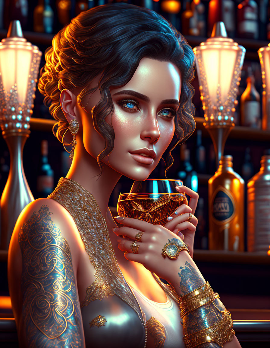 Digital portrait of a woman with tattoos holding a drink in bar setting