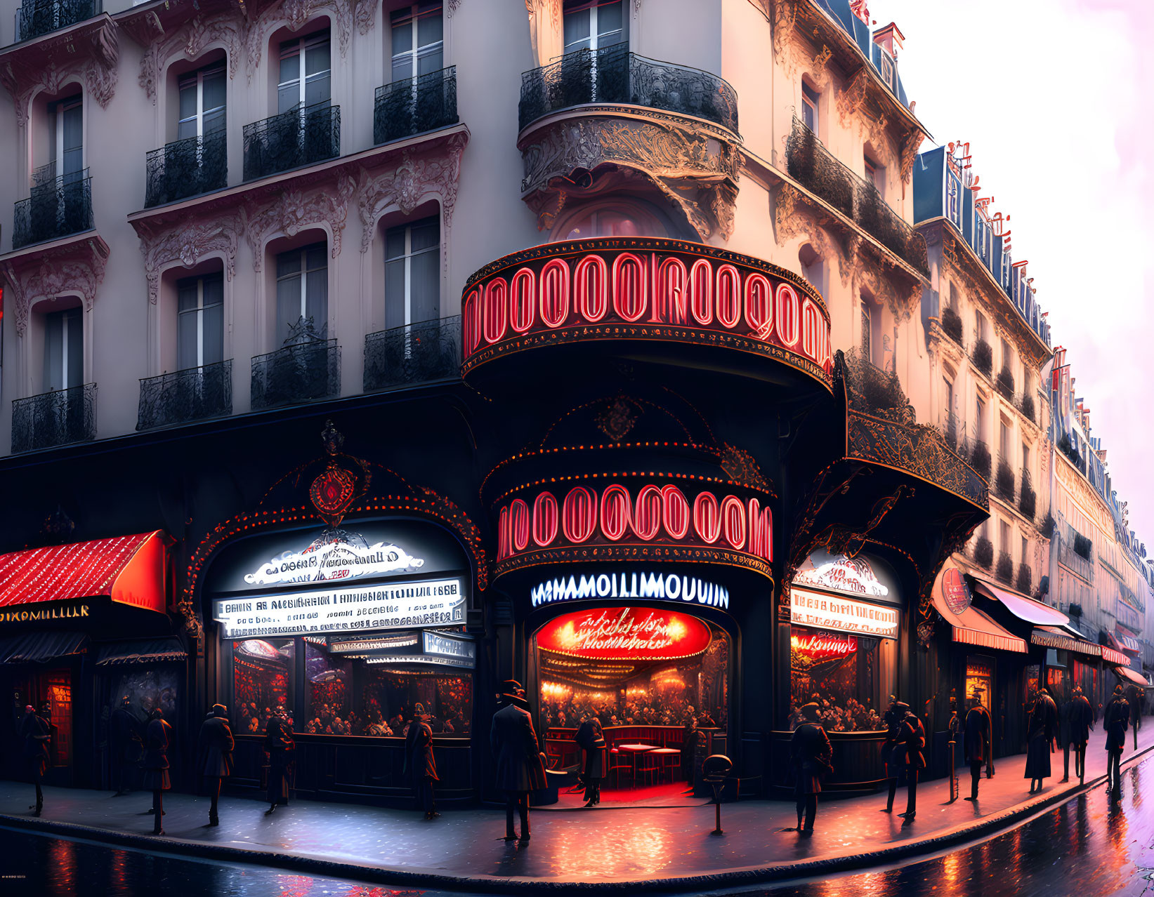 Parisian Street Scene with Moulin Rouge Theatre at Twilight