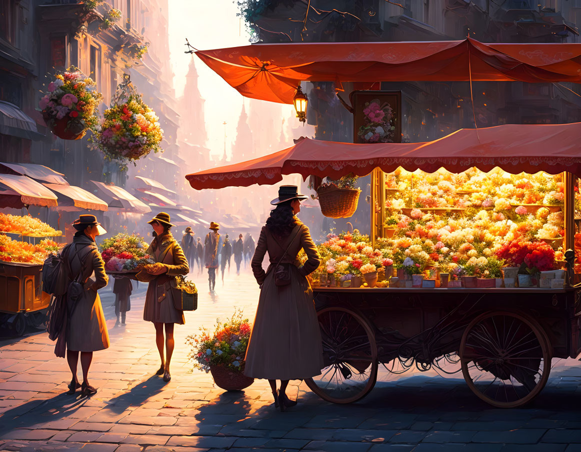 Vibrant flower market scene with people, cart, and hanging baskets