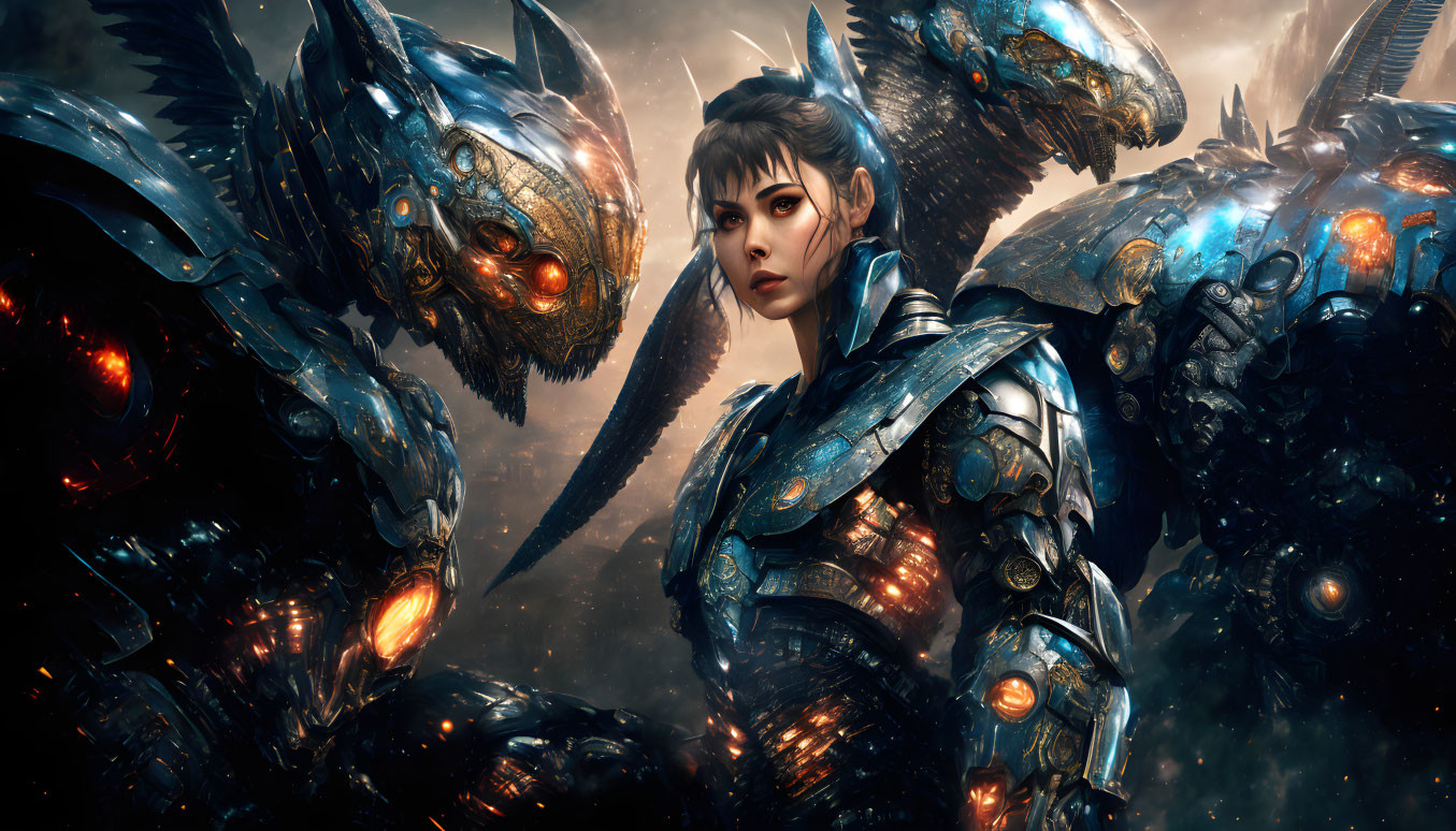 Female warrior in futuristic armor with giant mechanical dragons under dramatic sky