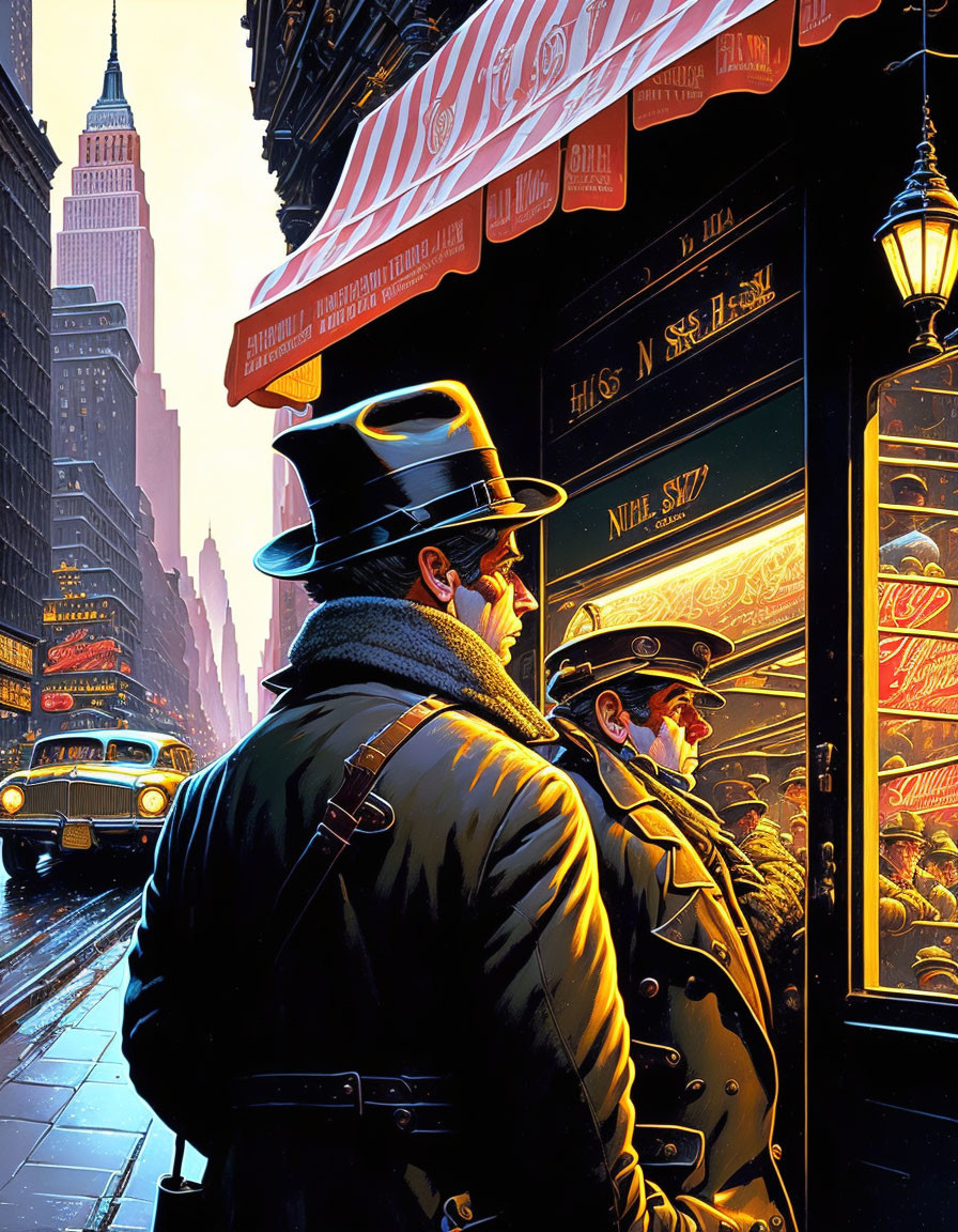 Man in trench coat and fedora gazes at neon-lit vintage New York street at night