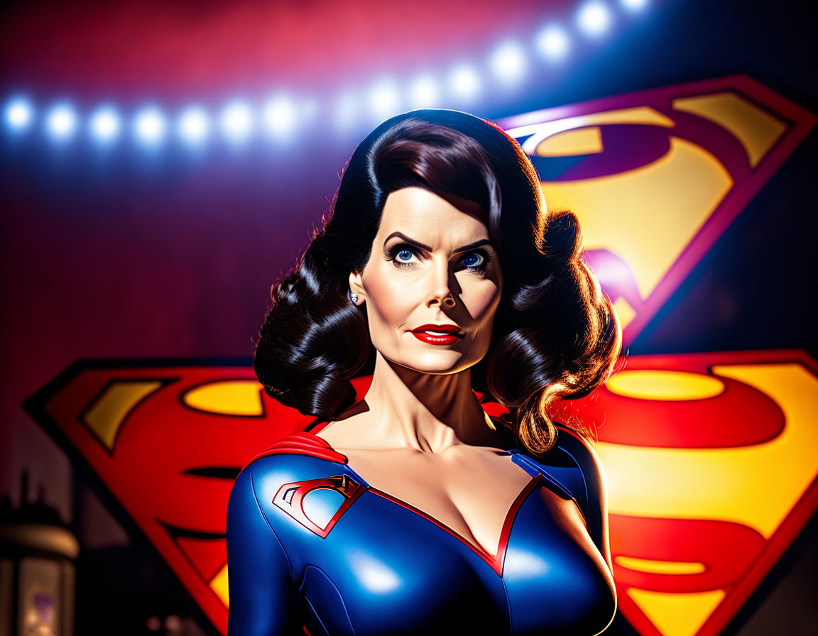 Female superhero illustration with retro style and Superman logo on dramatic backdrop.