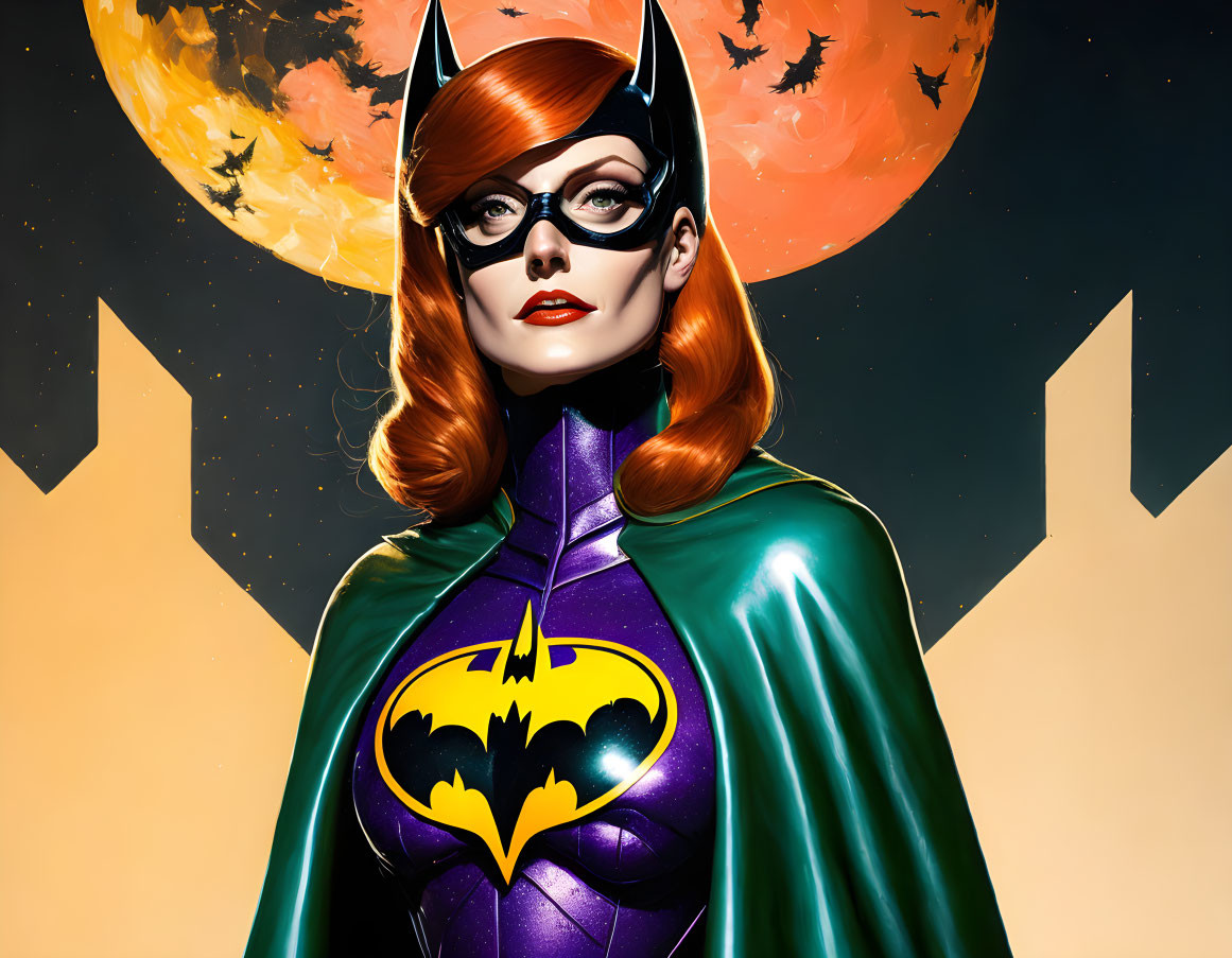 Female superhero with red hair in Batgirl costume under full moon