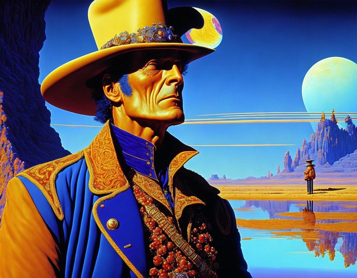 Colorful Cowboy Outfit in Surreal Desert Landscape with Two Moons