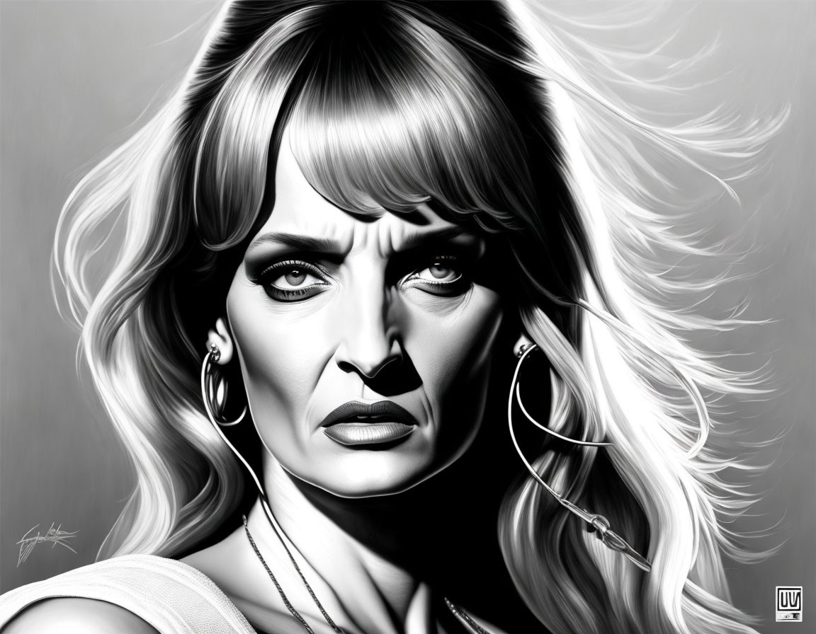 Monochromatic digital portrait of woman with flowing hair and intense gaze