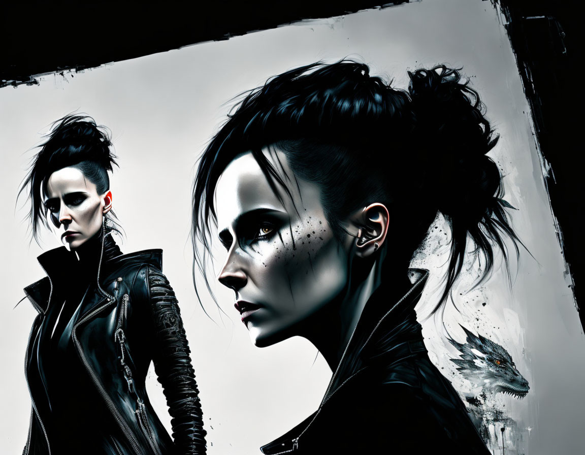 Stylized female figures with dark hair and makeup on stark background.