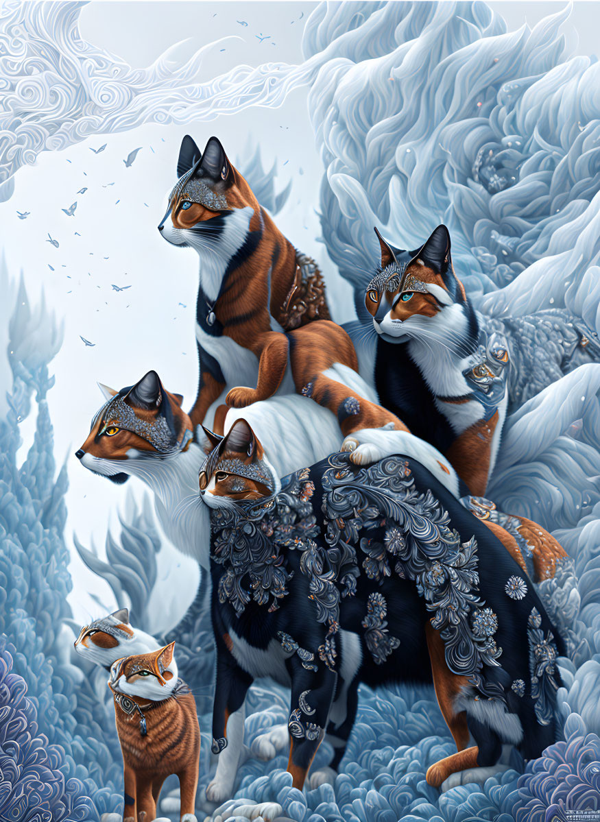 Four stylized cats with intricate patterns on fur in a whimsical blue and white landscape.