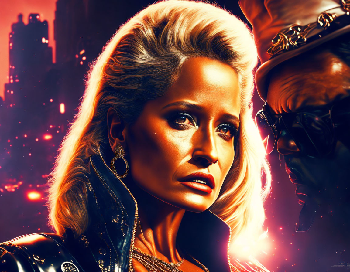 Blonde woman with intense gaze and futuristic character in orange background