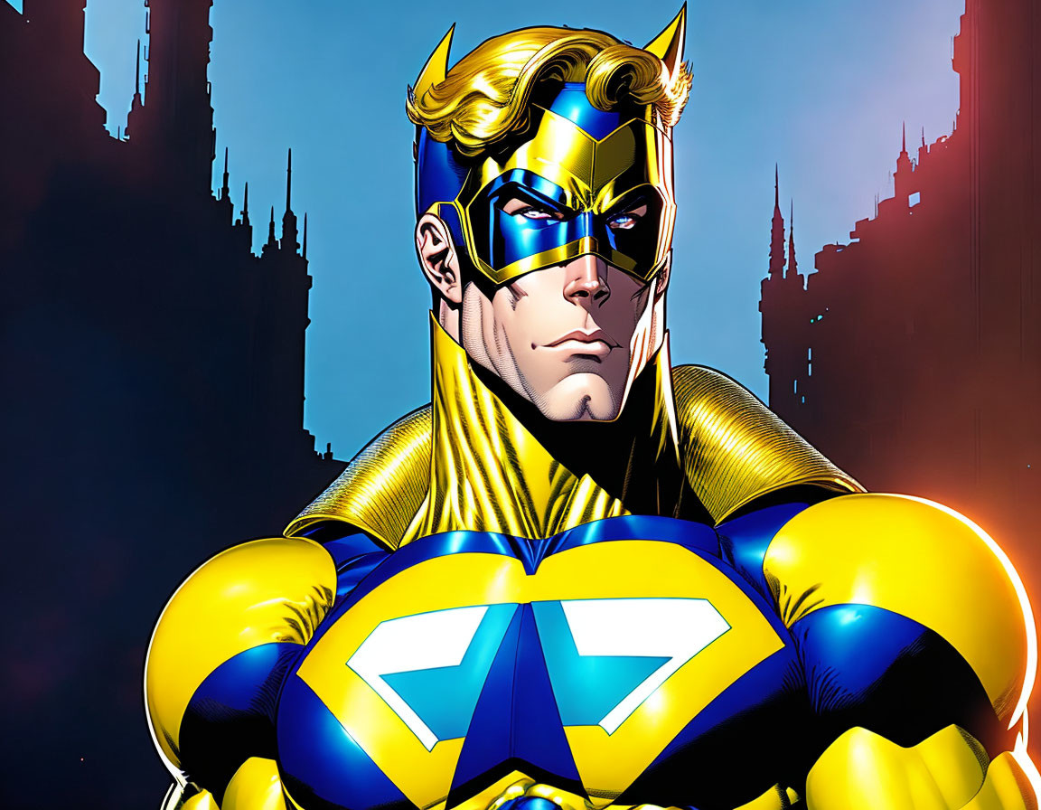 Muscular superhero in blue and yellow costume with emblem and cowl.