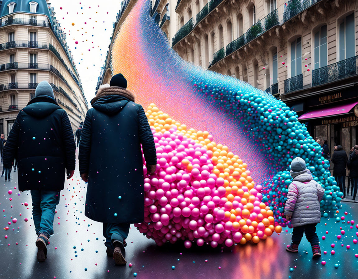 Colorful digital whale made of spheres in city street scene