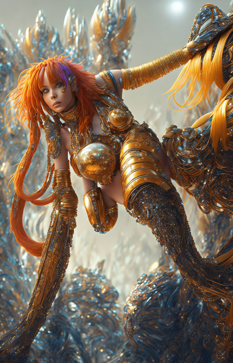 Fantasy digital artwork of female character in ornate golden armor