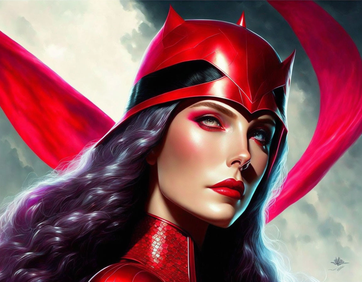 Female superhero illustration with red crown and suit, long wavy hair, cloudy sky background.