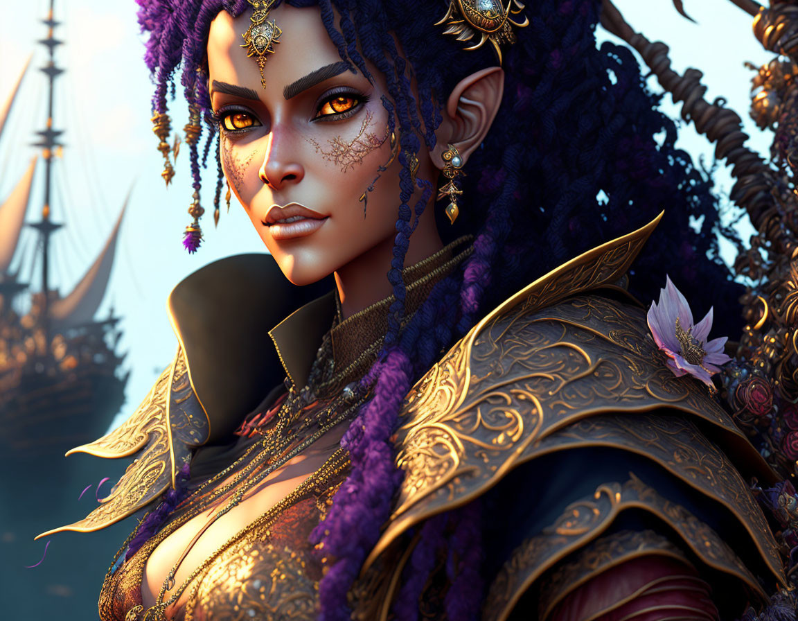 Woman with purple braided hair in ornate armor and golden jewelry, sailing ship backdrop