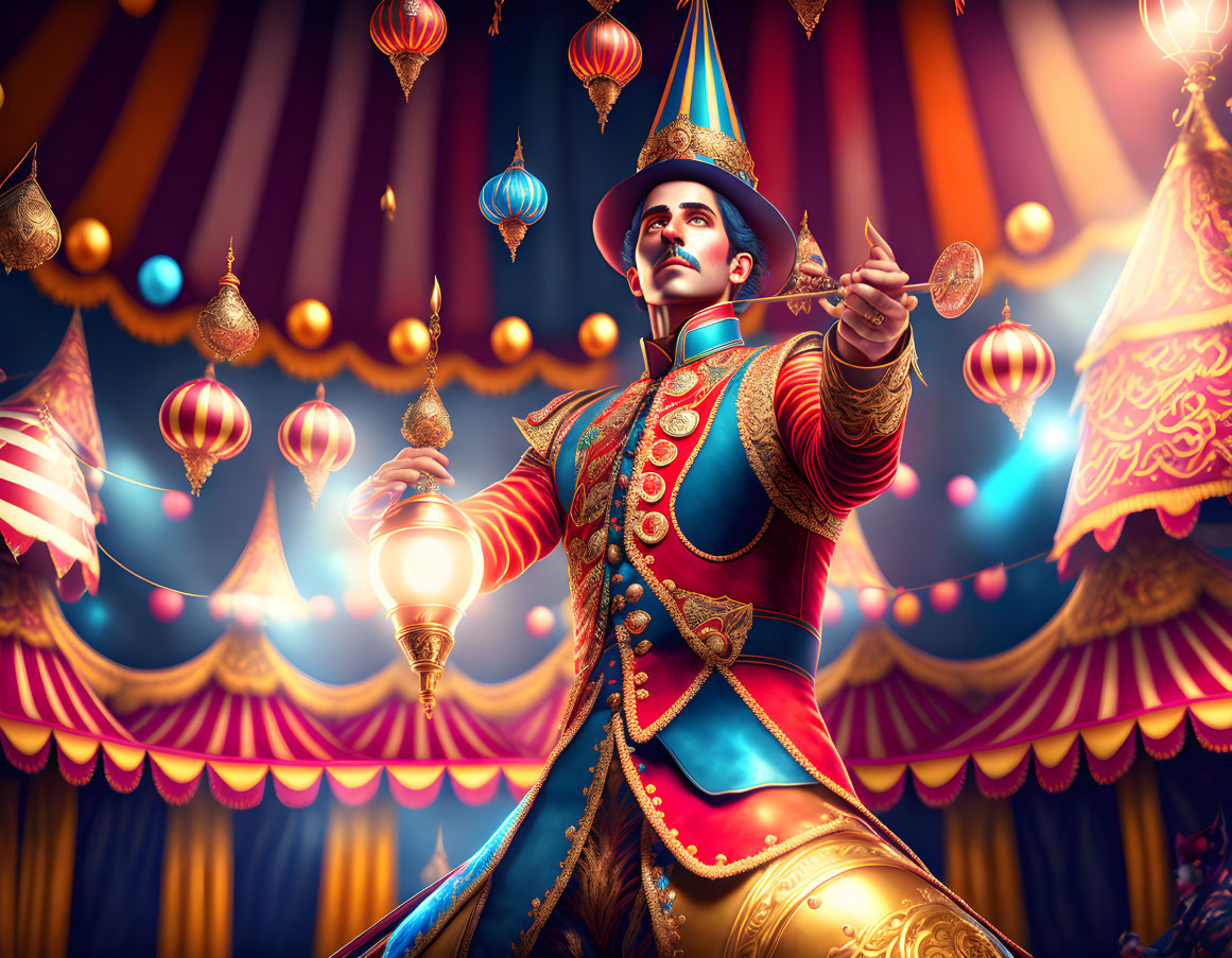 Colorful Ringmaster Illustration with Circus Tent Backdrop